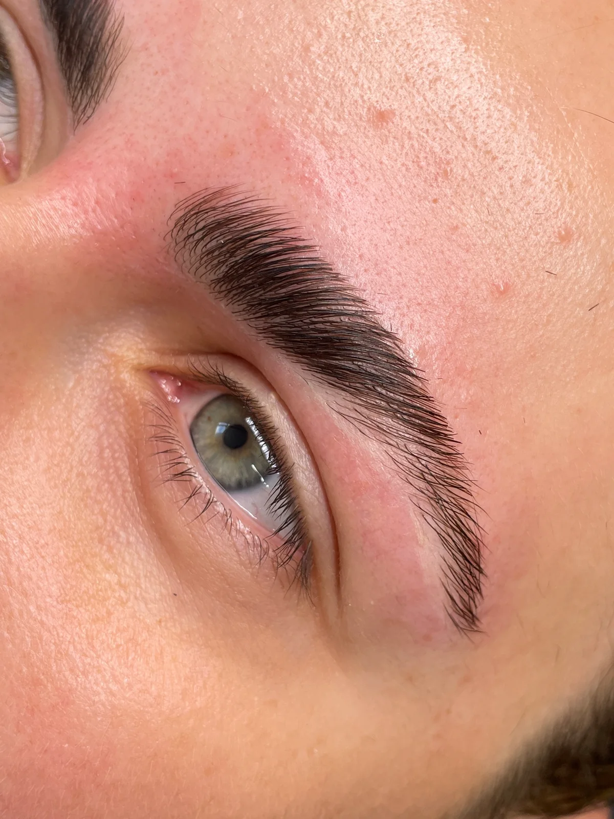 A detail of the finished shape and texture of Zoë's brow work